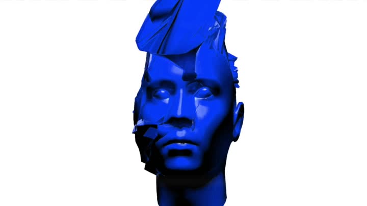 Still from The Blue Head: fragmented blue digital face