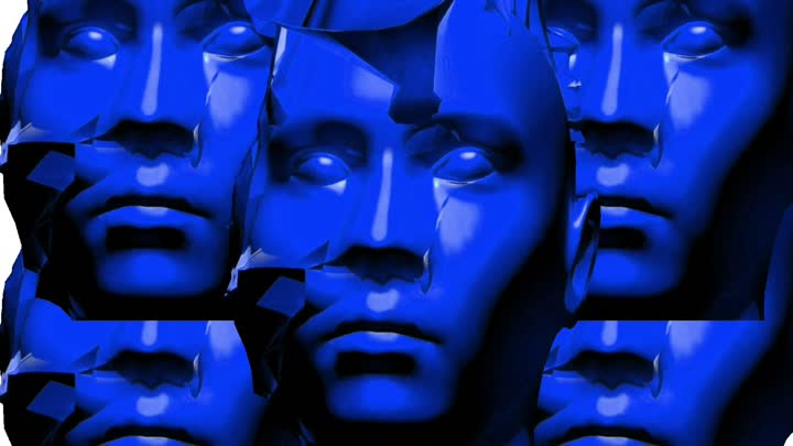 Still from The Blue Head: multiple blue faces overlapping